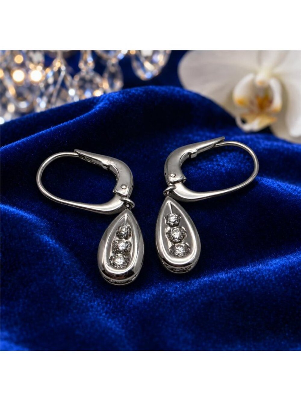 14K White Gold 6 Diamond Teardrop Dangle Earrings Leverback 1 Inch